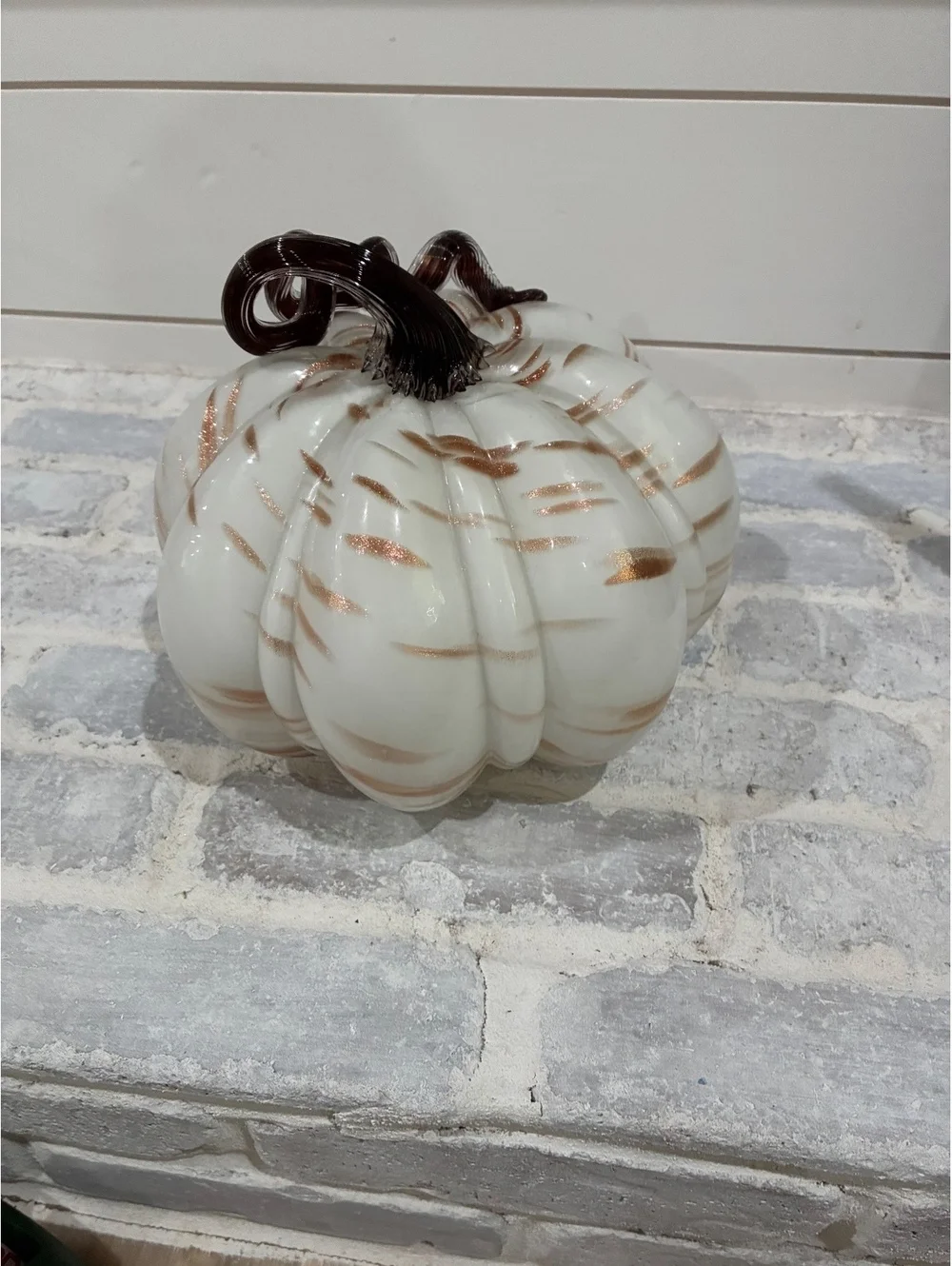 Decorative White and Copper Glass Pumpkin with Curled Brown Stem